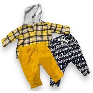 Lot Carters | Old Navy 3 Piece Outfit Flannel Hoodie 2 Pants Mustard Navy 3-6 mo